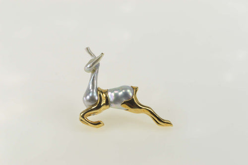 18K Light Blue Baroque Pearl Antelope Deer Buck Pin/Brooch Yellow Gold