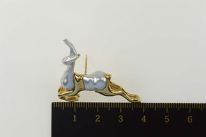 18K Light Blue Baroque Pearl Antelope Deer Buck Pin/Brooch Yellow Gold