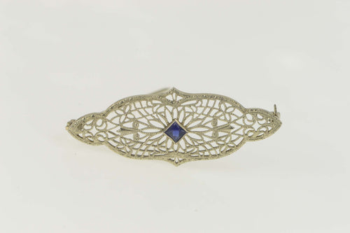 10K Ornate Art Deco Filigree Vine Motif Bar Pin/Brooch White Gold