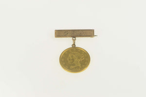 14K 1855 $2.50 Liberty Head Monogram OFD Pin/Brooch Yellow Gold