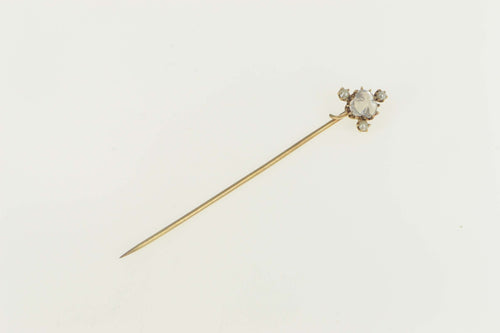 14K Carved Moonstone Seed Pearl Flower Clover Stick Pin Yellow Gold