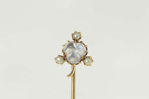 14K Carved Moonstone Seed Pearl Flower Clover Stick Pin Yellow Gold