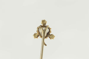 14K Carved Moonstone Seed Pearl Flower Clover Stick Pin Yellow Gold