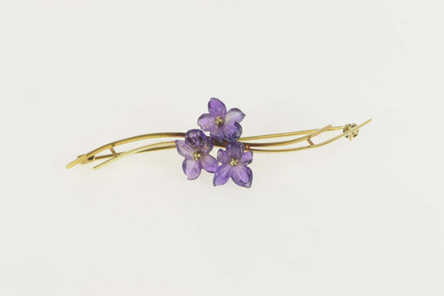 14K Amethyst Flower Retro Wavy Statement Pin/Brooch Yellow Gold