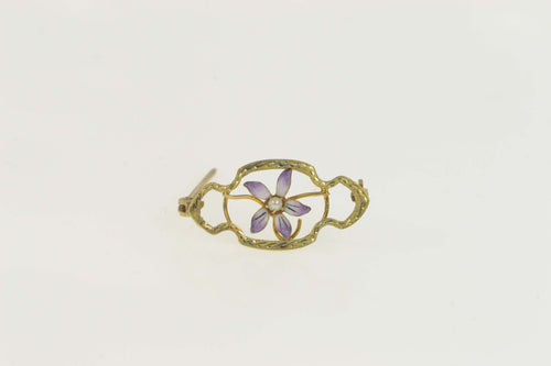 10K Victorian Enamel Seed Pearl Flower Bar Pin/Brooch Yellow Gold