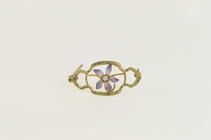 10K Victorian Enamel Seed Pearl Flower Bar Pin/Brooch Yellow Gold