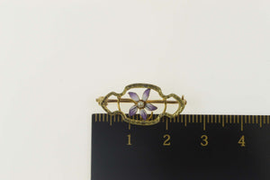 10K Victorian Enamel Seed Pearl Flower Bar Pin/Brooch Yellow Gold