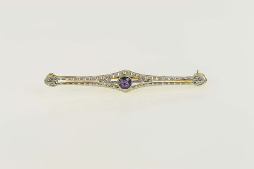 14K Art Deco Two Tone Etched Amethyst Bar Pin/Brooch Yellow Gold