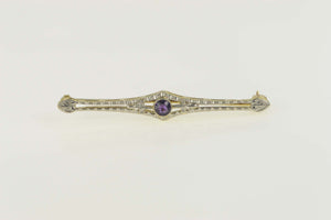 14K Art Deco Two Tone Etched Amethyst Bar Pin/Brooch Yellow Gold