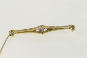 14K Art Deco Two Tone Etched Amethyst Bar Pin/Brooch Yellow Gold