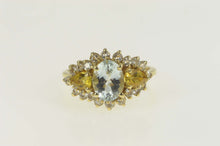 Load image into Gallery viewer, 14K Oval Blue Topaz Citrine CZ Halo Statement Ring Size 9 Yellow Gold