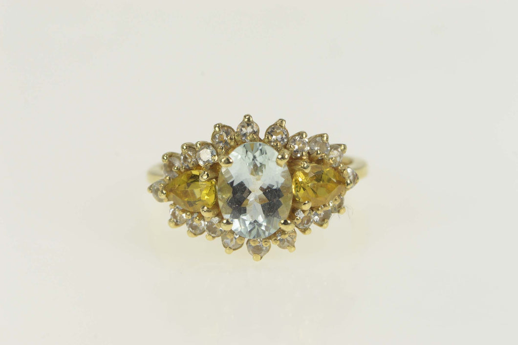 14K Oval Blue Topaz Citrine CZ Halo Statement Ring Size 9 Yellow Gold