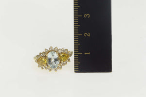 14K Oval Blue Topaz Citrine CZ Halo Statement Ring Size 9 Yellow Gold
