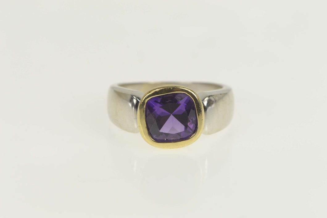 14K Cushion Amethyst Two Tone Statement Ring Size 6.75 White Gold