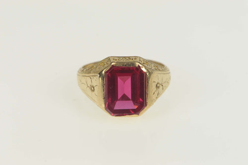 10K Art Deco Floral Scroll Etched Syn. Ruby Ring Size 4.25 Yellow Gold