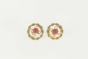 14K Retro Coral Scroll Filigree Round Stud Earrings Yellow Gold