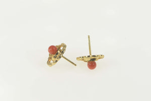 14K Retro Coral Scroll Filigree Round Stud Earrings Yellow Gold