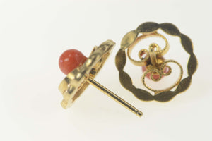14K Retro Coral Scroll Filigree Round Stud Earrings Yellow Gold