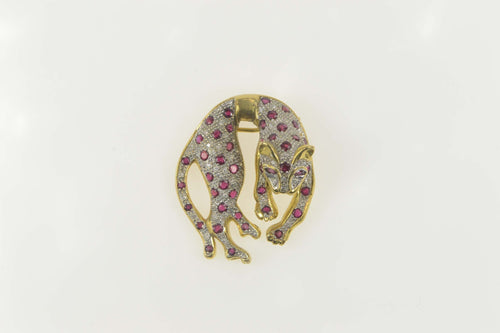 18K 2.92 Ctw Pave Diamond Ruby Leopard Cheetah Pendant/Pin Yellow Gold