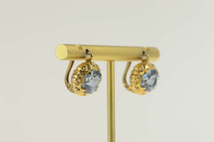 18K 1940's Blue Topaz Ornate Dangle Statement Earrings Yellow Gold