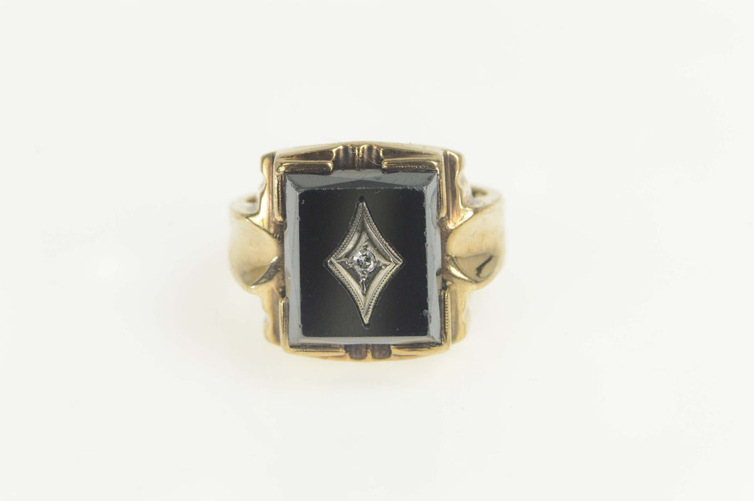 10K 1930's Hematite Diamond Accent Ornate Ring Size 8.75 Yellow Gold