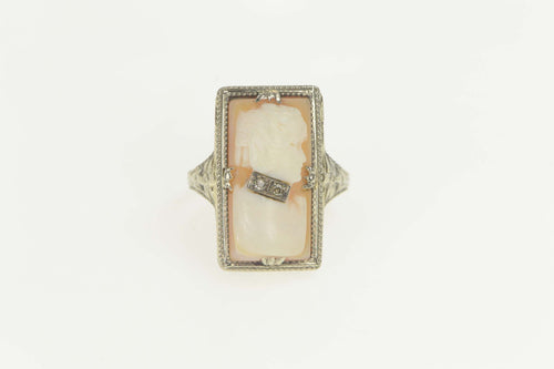 14K Art Deco Diamond Necklace Cameo Filigree Ring Size 6.25 White Gold
