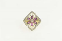 Load image into Gallery viewer, 14K Diamond Ruby Flower Ornate Cocktail Ring Size 6 Yellow Gold