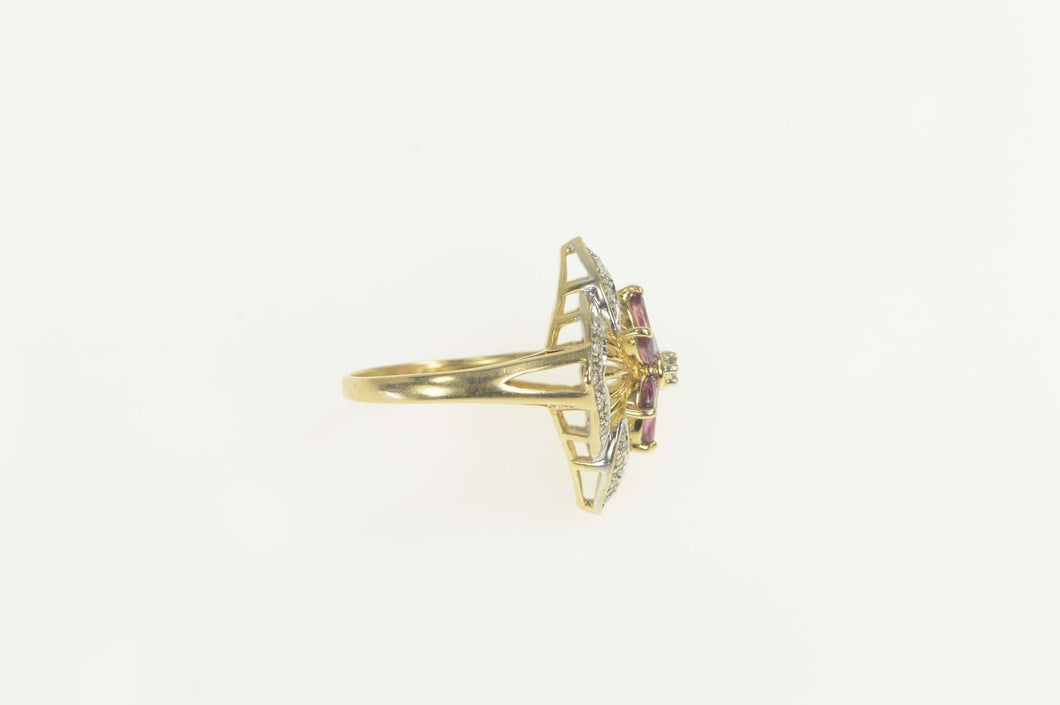 14K Diamond Ruby Flower Ornate Cocktail Ring Size 6 Yellow Gold