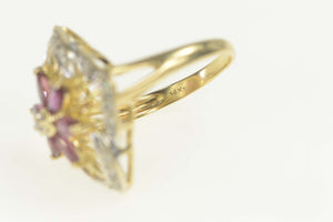 14K Diamond Ruby Flower Ornate Cocktail Ring Size 6 Yellow Gold