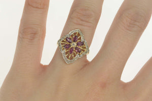 14K Diamond Ruby Flower Ornate Cocktail Ring Size 6 Yellow Gold