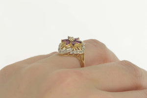 14K Diamond Ruby Flower Ornate Cocktail Ring Size 6 Yellow Gold