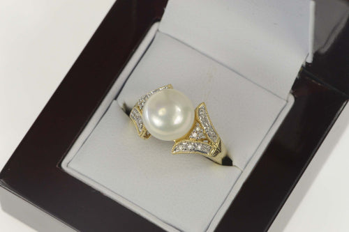 14K Pearl Diamond Scroll Accent Engagement Ring Size 6 Yellow Gold