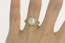 Load image into Gallery viewer, 14K Pearl Diamond Scroll Accent Engagement Ring Size 6 Yellow Gold