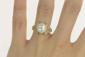 14K Pearl Diamond Scroll Accent Engagement Ring Size 6 Yellow Gold