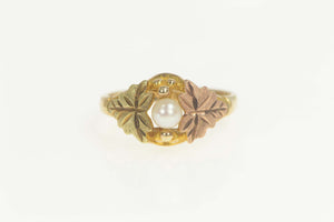 10K Pearl Black Hills Leaf Ornate Statement Ring Size 6.5 Yellow Gold