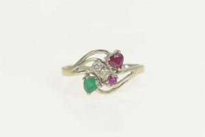 14K Retro Ruby Emerald Diamond Bypass Ring Size 9.5 White Gold