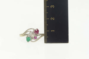 14K Retro Ruby Emerald Diamond Bypass Ring Size 9.5 White Gold