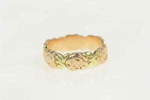 14K Two Tone Ornate Rose Flower Pattern Band Ring Size 7.5 Rose Gold