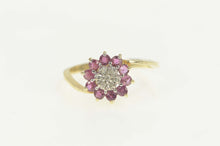 Load image into Gallery viewer, 10K Diamond Ruby Halo Flower Cluster Bypass Ring Size 8.25 Yellow Gold