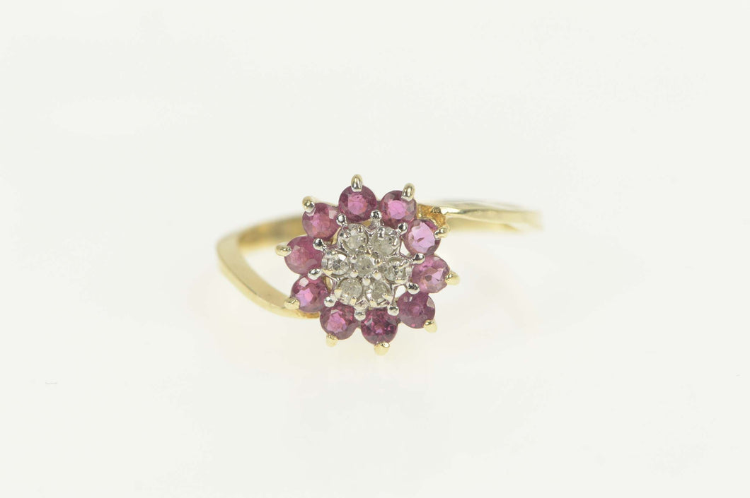 10K Diamond Ruby Halo Flower Cluster Bypass Ring Size 8.25 Yellow Gold