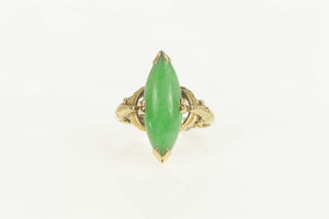 18K Art Deco Etched Marquise Jade Dinner Ring Size 5 Yellow Gold