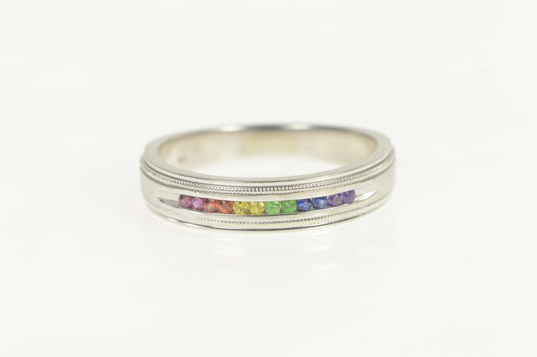 14K Rainbow Sapphire Channel Men's Wedding Ring Size 14.75 White Gold