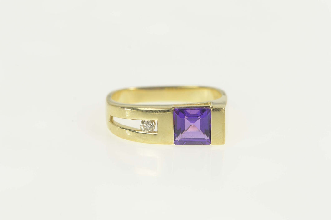14K Princess Amethyst Diamond Accent Statement Ring Size 6.75 Yellow Gold
