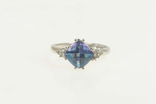 10K Cushion Blue Mystic Topaz Diamond Accent Ring Size 7.25 White Gold
