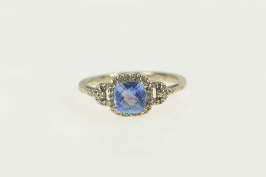 10K Cushion Blue Mystic Topaz Diamond Accent Ring Size 6.75 White Gold