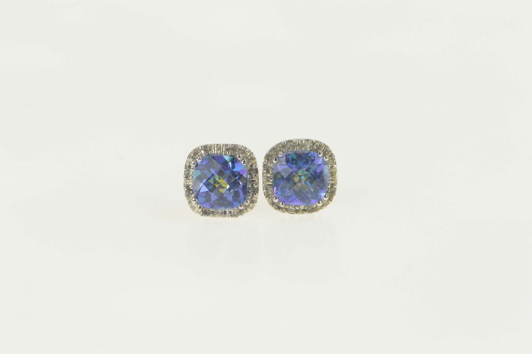 10K Cushion Blue Mystic Topaz Diamond Stud Earrings White Gold