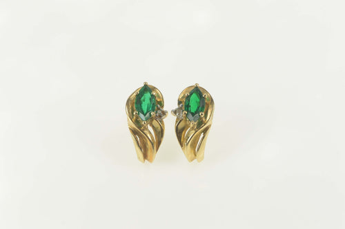 10K Marquise Syn. Emerald Diamond Accent Earrings Yellow Gold