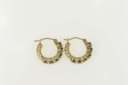 14K Natural Sapphire Scroll Filigree Huggies Hoop Earrings Yellow Gold
