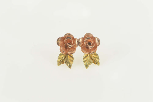 14K Two Tone Rose Flower 3D Blossom Stud Earrings Yellow Gold
