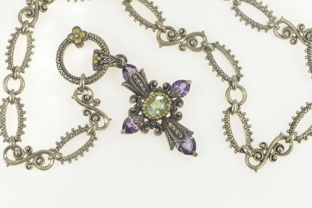 Sterling Silver Bixby Blue Topaz Amethyst Elaborate Cross Necklace 18.25: